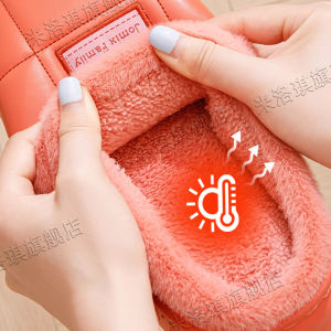 MONLEYTA | Waterproof Cotton Slippers Mens Anti-slip Thick Bottom Leather Surface Warm Indoor Home Fur Slippers Women Winter New Model