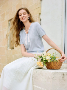 XIANGYING | Blue V-Neck Short Sleeve Elegant Knit Sweater