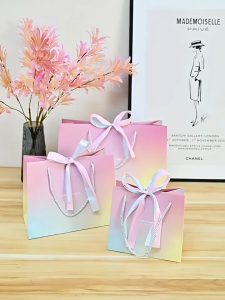5pcs Premium Happy Time Gift Bag with Soft Ombre Gradient Pattern Elegant Pink and Blue Dual Tone Ribbons Perfect for Gender Reveal Baby Shower Weddings and Birthdays Made of High Quality Sturdy Card Paper Large Capacity Durable Fast Shipping BabyShower