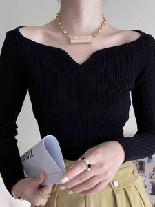 chaqi | Womens Knitted Base Shirt Fall Winter V-neck Long Sleeve Midi Top French Atmosphere One-Shoulder Inner Wear Commute Style Pure Color