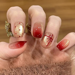 30pcs/set cat eyes fake nails Short square almond tips New year red polka dot fireworks flowers design press on false nails art