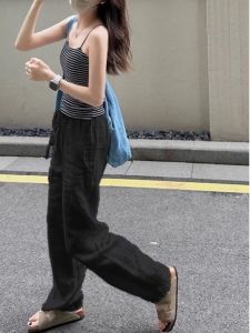 กางเกงขากว้างผ้าลินินสีดำสำหรับผู้หญิง กางเกงขายาวทรงหลวมสบาย ๆ ในช่วงฤดูร้อน กางเกงขายาวผ้าลินินแบบบาง ทรงหลวม กางเกงขายาวลำลอง