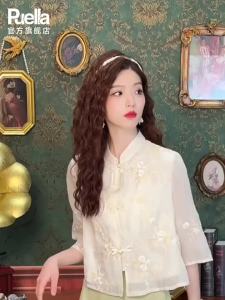puella | Chinese Style Embroidered Mandarin Collar 3/4 Sleeve Shirt