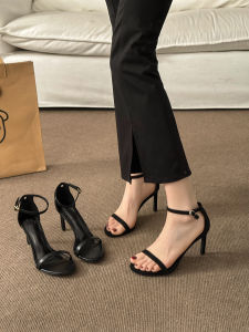 รองเท้าส้นสูงหนังแท้สีดำ รองเท้าแตะส้นสูงสำหรับผู้หญิง ฤดูใบไม้ผลิ 2025 รองเท้าส้นบางเซ็กซี่ รองเท้าส้นแบนแบบสวมสบายสำหรับผู้หญิง