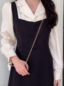 Gaun Hepburn gaya Prancis lengan panjang populer gaya Korea longgar gaun A-line wanita