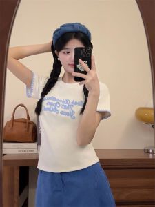 Flocking Letter Short Sleeve T-Shirt Womens Slim Fit round Neck Top Korean Style Creative Pattern Cotton Polyester Blend Summer Wear