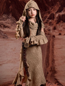 Girls Long Skirt with Hood Travel Theme Desert Wasteland Style Childrens Performance Dress Split Skirt Korean Style Kids Clothes