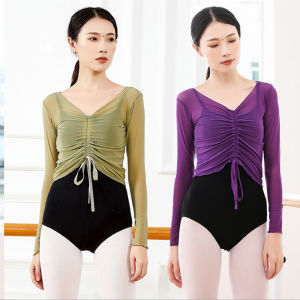 Gauze Clothes Womens Long-Sleeved Ballet Top Drawstring V-neck Mesh Outerwear Body Dancing Dress Classical Dance Exercise Clothing