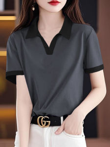 Slimming Effect Pure Cotton Large Size Polo Neck Casual Top Summer New Style Patchwork Color Flip Loose Short Sleeve T-shirt