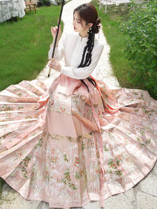 ชุดหมวกฮันฟูสีชมพู ชุดราตรี ชุดงานแต่งงาน ชุดกระโปรงม้าปักลายทอง ชุดแฟชั่นจีนใหม่ ชุดฮันฟูผู้หญิงแบบลำลอง