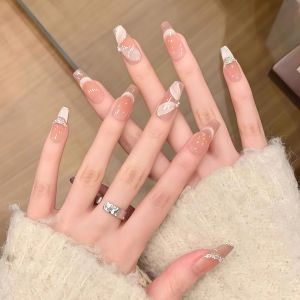 Nhựa Giả Móng Tay Thủ Công Ngắn Kiểu Pháp Mắt Mèo Má Hồng Trắng Cao Cấp Nghệ Thuật Trang Trí Móng Tay Trang Trí Móng Tay