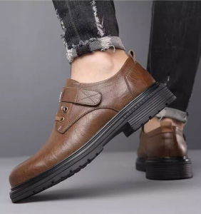 Oumepala Mens Casual Leather Shoes Spring Autumn Season round Toe Comfortable Wear Magic Tape Closure Rubber Outsole
