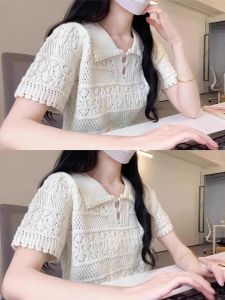 Womens Polo Collar Short Sleeve Knit T-Shirt Summer Style Button-up Work Clothing Loose Fit Pure Color Pattern