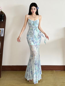 Sweet Desire Gradient Floral Print Strapless Long Dress Womens Lace Trim Corset Style Fish Tail Gown Princess Cut Summer Dress