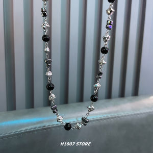 Black Beaded Necklace for Men Trendy Sweater Chain Light Luxury Niche Design Sense Hip Hop Style Couple Boys Women Choker