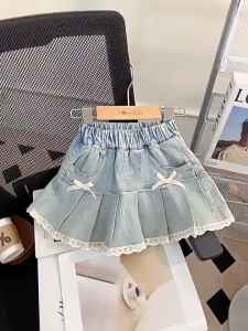 Girls summer denim short skirt. Girls new cute bow-knotted lace ruffled skirt.