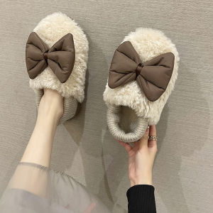 Cotton Slippers Womens Bag Winter Match Thick Sole Non Slip Indoor Home Warm and Cute Bows Stuffed Cotton Shoes Can Be Outwear