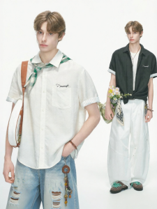 Dream made | Áo Sơ Mi Ngắn Tay Kiểu Cổ Đô Phong Cách Vintage Thoáng Khí Màu Trắng Có Sọc