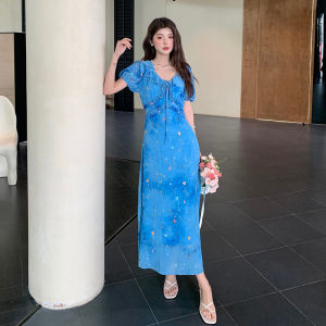 Impression Fashion Store Women Elegant V-neck Flare Collar Short Puff Sleeve Floral High Waist Slim A-line Long Fishtail Dress