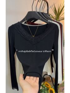 Stylish V-neck Lace Stitching Long Sleeve T-shirt Tops Womens Fall and Winter New Arrival Elegant Slimming Inner Pure Color Bottoming Shirt