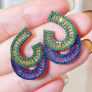 SEQUITO Personality Black Gold Color Inlay Multicolor AAAAA Cubic Zirconia Moon Shape Big Stud Earrings Women Daily Party Costume Jewellery SE904