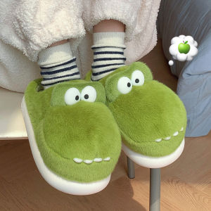 Fashionable new and fun crocodile plush warm cotton slippers for autumn and winter indoor home with plush confinement shoes for women