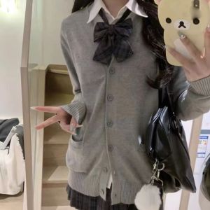 Sweet Spicy Grey Knitted Jk Sweater Womens Outerwear Cardigan Autumn College Style Uniform Top Japanese School Uniform Style