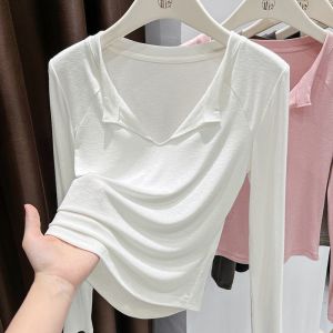 Slim Fit Half Open Collar Long Sleeve T-Shirt Women Summer Pure Desire Cool Thin Modal Base Top Breathable Korean Style