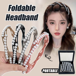 ที่คาดผมไข่มุกสวยหรูแบบพับได้แบบยืดได้ห่วงที่รัดผมดอกไม้แบบพกพาสี Morandi โฟมล้างหน้าเครื่องประดับผมเด็กผู้หญิง