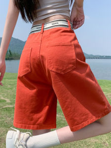 QIAOMIDUO | Quần short denim màu đỏ mỏng mùa hè cho nữ Quần ống rộng cạp chun Quần dài đến giữa bắp chân nhiều màu sắc Quần dài nửa eo