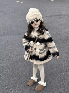 Thickened Fleece Winter Coat Striped Fur Childrens Jacket for Boys And Girls Casual Style Autumn Winter Outwear Coat