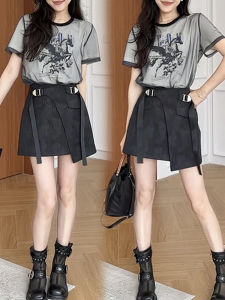 Shalldoer | Bộ đồ hai mảnh thời trang mùa hè cho nữ Áo thun cổ tròn tay ngắn và quần short không đều bằng vải lưới phong cách đường phố