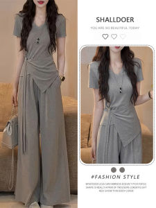 Shalldoer | ชุดสองชิ้นลำลองสำหรับผู้หญิงในช่วงฤดูร้อนปี 2025 ดีไซน์ไม่สมมาตรแขนสั้นและกางเกงขายาวทรงตรง ดีไซน์เรียบง่าย สไตล์ลำลอง