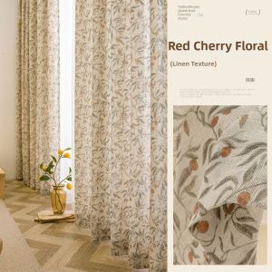 Rustic Linen-Style Grommet Red Cherry Pattern Light-Transmitting Curtain