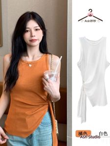 Dopamine Orange Knitted Strap Vest Womens Outerwear Waist Cinching Belted Top Asymmetrical Design Commute Style Pure Color