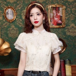 New Chinese Style Improved Cheongsam Embroidered Silk Georgette Top Women Summer Stand Collar Bubble Sleeve Small Shirt