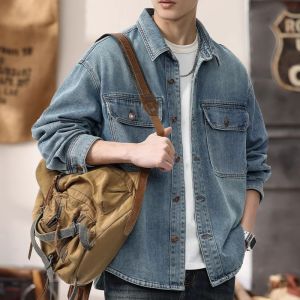American Washed Retro Mens Denim Shirt Casual Jacket Outerwear Spring Autumn New Style Loose Fit Long Sleeve Sharp Collar