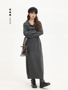Slimming Effect Knitted Long Dress with Belt Vintage Korean Style Winter Simple Design Casual Commute Loose Waist Dress