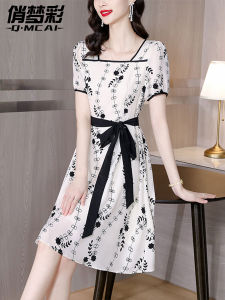 Floral Print Chiffon Dress Womens Summer New Style High Waist Short Sleeve Korean Version Commute Basic Model Single Piece