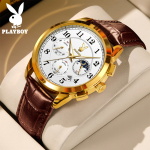PLAYBOY Watch For Men Original 2023 Sale Original Fashion Casual Multifunction Quartz Movement Luminous Wrist Watch Leather Strap Waterproof 30M