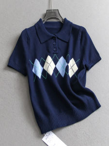 Casual Slimming Diamond Grid PatternShort Sleeve Polo Collar Knitted SweaterFor Women2025 AutumnNew StyleCollege Style Contradiction Color