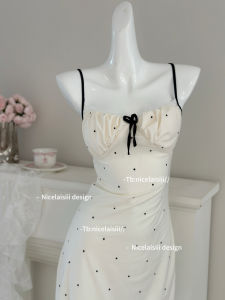 Sweet Polka Dot Sleepwear Womens Strapless Padded Nightgown V-neck Short Skirt Length Chinese Brand Home Clothes Summer