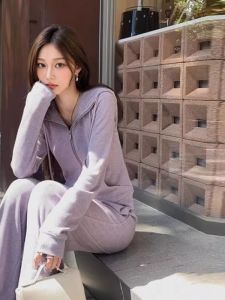 Elegant Hooded Top And Casual Pants Two-Piece Set Comfortable Cotton Long Sleeve round Neck Zipper Closure Autumn Winter Fashion