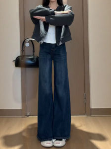 กางเกงยีนส์ทรงหลวมเอวสูงสำหรับผู้หญิง กางเกงขายาวทรงขาบานสีเข้ม กางเกงยีนส์ทรงเข้ารูปสำหรับฤดูใบไม้ร่วงปี 2025