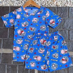 ชุดเด็ก ลายหมูเด้ง แขนสั้น+ขาสั้น ผ้าไมโครนิ่มใส่สบาย โพลีเอสเตอร์ หมูเด้งผลไม้ (ส+ส)แขนสั้น+ขาสั้น