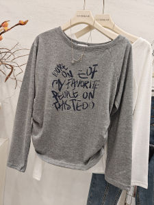 Loose Long Sleeve T-Shirt Womens Casual Style Letter Print Windproof UV Protection Folded Collar Overhead High Waist Cotton Polyester
