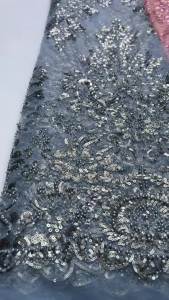African Beaded Lace Fabric 5 Yards - Heavy Geometric Embroidery with Sequins For Bridal Gowns & Evening Dresses