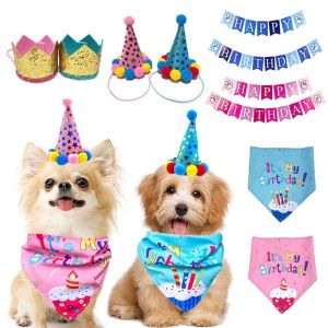 Pet Birthday Decoration Dog Cat Birthday Party Banner Hat Bib Birthday Costume Pets Accessories