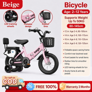 Beige Bike for kids 2 to 5 years old Foldable Kids Bike For Kids Children Bicycle Portable 2 to 12 year old