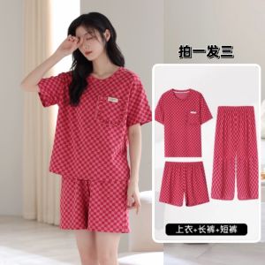 ชุดนอนผู้หญิงลายสก็อต ชุดสามชิ้น แขนสั้น กางเกงขาสั้น กางเกงขายาว ใส่ไปข้างนอกได้ ชุดลำลอง ชุดอยู่บ้าน ผ้าฝ้าย ฤดูร้อน 2025